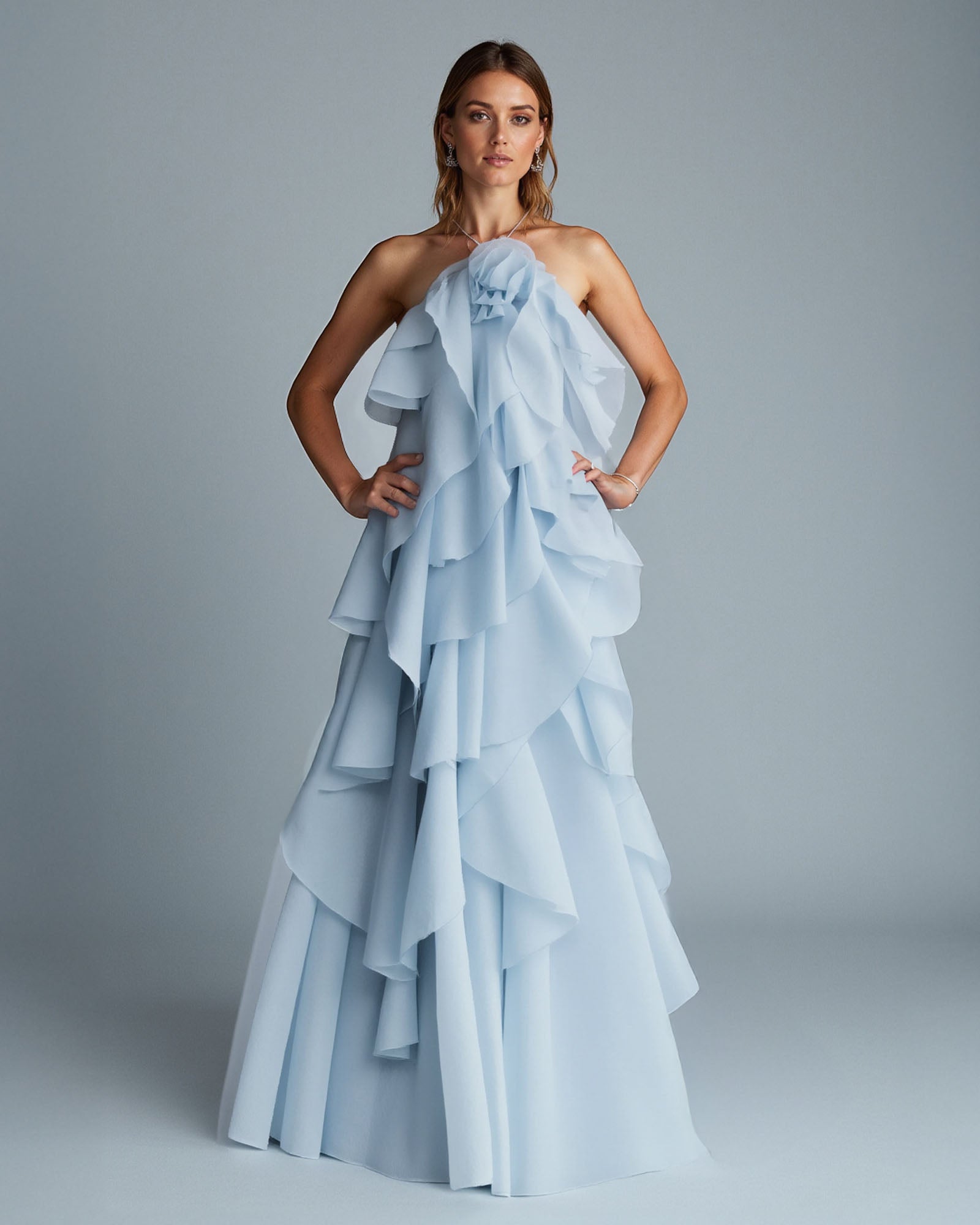DELILAH Tiered Ruffle Halter Maxi Dress - Sky Blue NUIT CHRI DELILAH Tiered Ruffle Halter Maxi Dress - Sky Blue NUIT CHRI