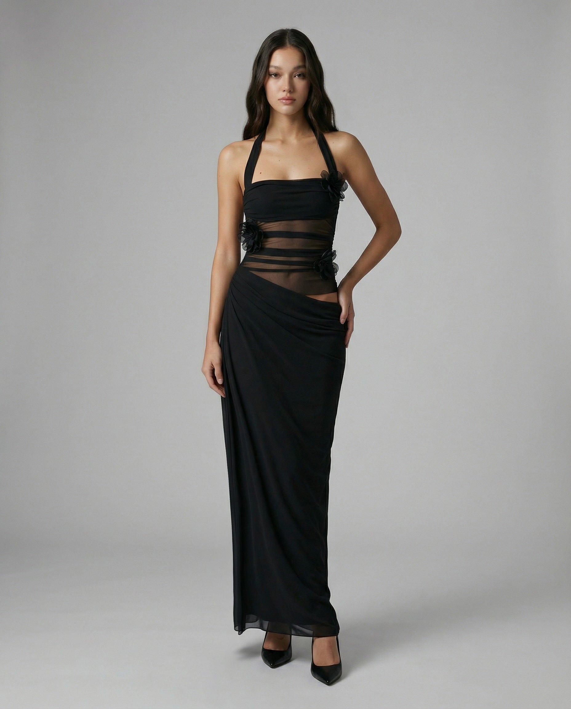 EVELYN Sheer Mesh Halter Floral Cowl Drape Maxi Dress